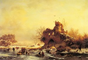 Winter Landscape With Skaters On A Frozen River Beside Castle Ruins — Frederick Marianus Kruseman, Romanticism