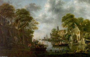 River Scene With Boats And Figures — Klaes Molenaer
