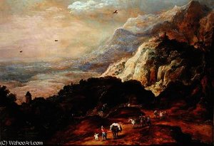 A Mountainous Landscape With Figures And Mules — Joos De Momper The Younger