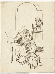 Three Women And A Child By A Doorway — Rembrandt Van Rijn, Baroque