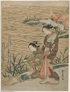 Two Women With Reeds And Waterside Cottages — Suzuki Harunobu