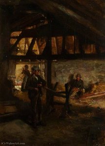 Interior of a Barn, Making Straw Ropes