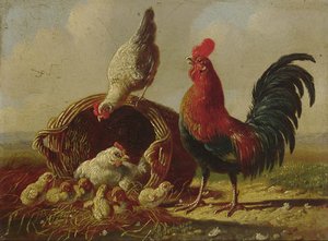 A Chicken Family By A Wicker Basket — Albertus Verhoesen