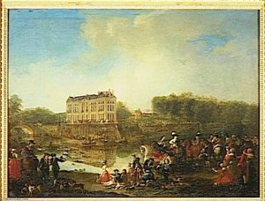 Le Cerf Pris Dans L'eau Devant Le Chateau De L'isle Adam.1766 — Michel Barthélémy Ollivier