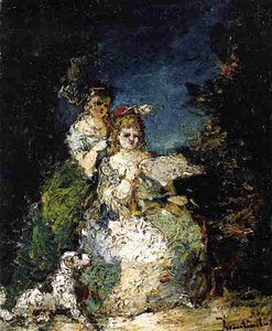 Young Girls And Dog In A Park — Adolphe Joseph Thomas Monticelli
