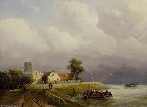 Fischerdorf Mit Sonnenschein Nach Dem Sturm. — Salomon Leonardus Verveer