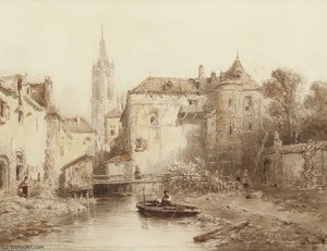 Townview With Bell Tower In The Background — Salomon Leonardus Verveer