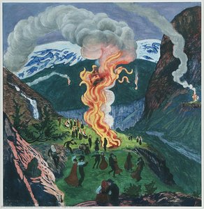 Midsummer Night Bonfire (woodcut) — Nicolai Astrup