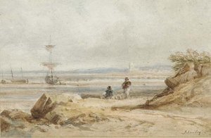A Coastal Scene With Fisherfolk And Beached Vessels Beyond — John Varley I (the Older)