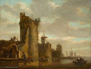 City Wall With Bastions, Windmill And A Jetty On A River — Wouter Knijff