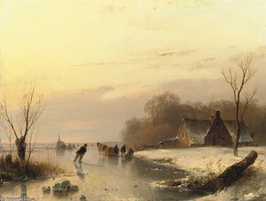 Ice-skating With A Koek-en-zopie In The Distance — Andreas Schelfhout