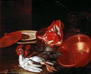 Dishes, Pottery Clay And Pewter, Steak And Roosters — Cristoforo Munari