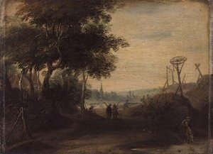 Paysage avec gibets aux abords d'une ville