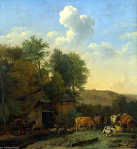 A Landscape With Cows, Sheep And Horses By A Barn — Paulus Potter