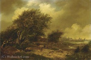 A Wooded Landscape With A City Beyond — Hendrik Pieter Koekkoek