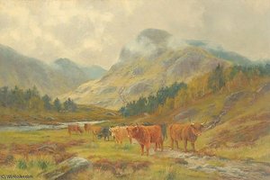 Highland Cattle Grazing In A Mountain Landscape With Low Clouds — Louis Bosworth Hurt
