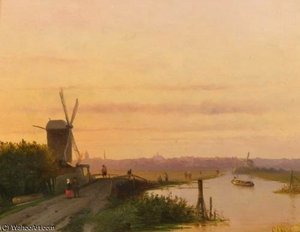 Sunset Over A Dutch Town — Salomon Leonardus Verveer