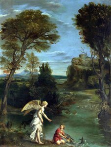 Landscape With Tobias Laying Hold Of The Fish — Domenichino (domenico Zampieri)