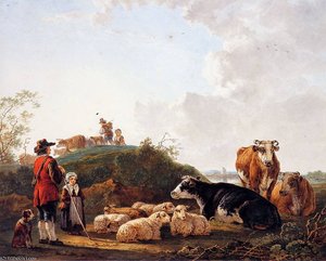 Herdsman With Resting Cattle Sun — Abraham Van Strij