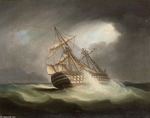 H.m.s. 'victory' In Full Sail And In A Squall — Thomas Buttersworth, Romanticism