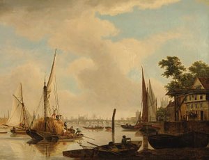View Of London Bridge With A Hay Barge In The Foreground — John Thomas Serres