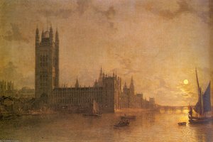 Westminster Abbey The Houses Of Parliament With The Construction Of Westminister Bridge — Henry Pether