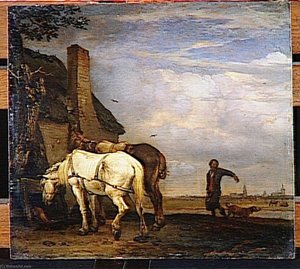 Deux Chevaux De Trait Devant Une Chaumiere — Paulus Potter, Dutch Golden Age