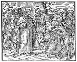Christ cures a leper; an apostle holds a garment in front of