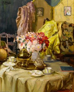 Interior With Flowers And Tea Set — Jacques-émile Blanche