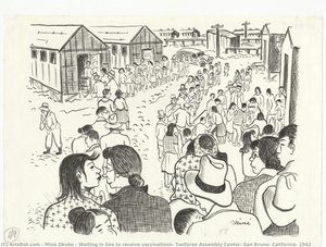 Waiting In Line To Receive Vaccinations, Tanforan Assembly Center, San Bruno, California, 1942 — Miné Okubo