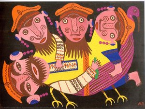 Four Drunkards Riding A Bird — Maria Primachenko
