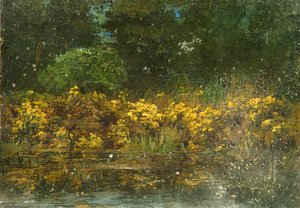 Yellow Bushes By A Pond — Sidney Herbert Sime