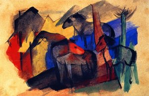 Three Horses In Landscape With Houses — Franz Marc, German Expressionism
