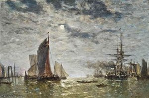 Vessels Moored Under The Moon — Paul Jean Clays