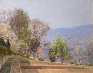 Sunlit Wooded Mountain Scene — George Houston