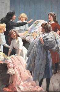 An Interior Scene, With Young Girls Playing With A Clothes From A Trunk — Percy Tarrant