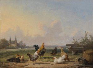 Hühner Vor Einer Weiten Landschaft — Cornelis Van Leemputten