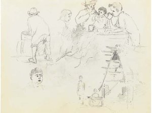 A Man Feeding A Baby And Two Boys Drinking At A Table, A Man Seen From Behind — Camille Pissarro