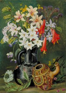 Chilian Lilies And Other Flowers In Black Jug With Ornamented Gourd For Mate — Marianne North