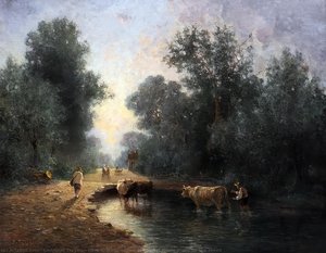 Herd And Herdsmen At The Watering Place In The Wood — Constant Troyon