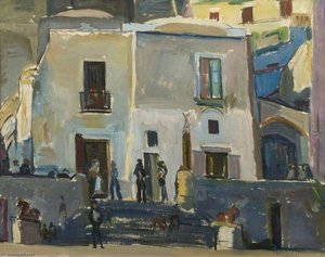 Figures On Steps In Front Of A House — Theodor Kern