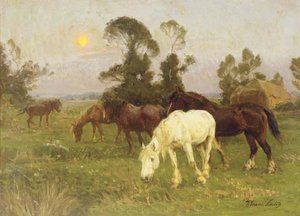 Horses In A Pasture At Dawn — William Linton
