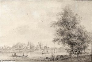 View Of Lekkerkerk On The River Lek, With Figures On A Path In The Foreground — Nicolaas Wicart