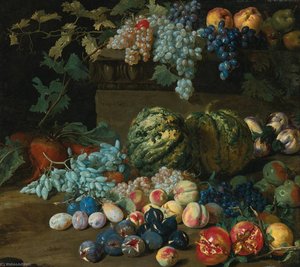 Pumpkins, Grapes, Peaches, Plums, Pomegranates, Pears, Figs, Apples, And Turnips By And On A Plinth — Hieronymus Galle The Elder