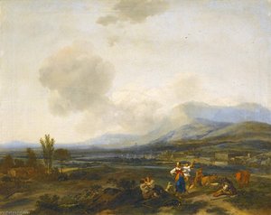 An Extensive Italianate River Landscape With Herders Dancing And Making Merry — Nicolaes Pietersz Berchem