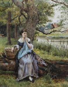 Maid Seated By A Tree Before A River — George Goodwin Kilburne