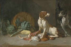 Pieter Van Boucle Two Hounds With A Still Life Of Entrails, Artichokes, Lettuce, Squash — Pierre Van Boucle