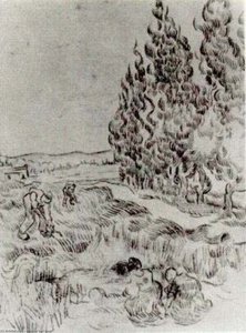Cypresses With Four People Working In The Field — Vincent Willem Van Gogh