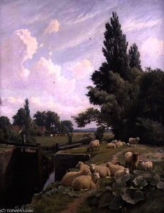 Landscape With A Canal Lock And A Flock Of Sheep — William Sidney Cooper