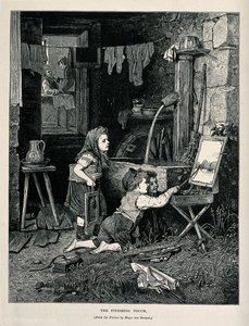 As two adults talk in a back room, a child attempts to add